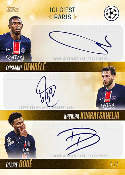 2024-25-Topps-PSG-Champions-dEurope-Soccer-Ici-Cest-Paris-Triple-Autographs-Dembele-Doue-Kvaratskhelia-1